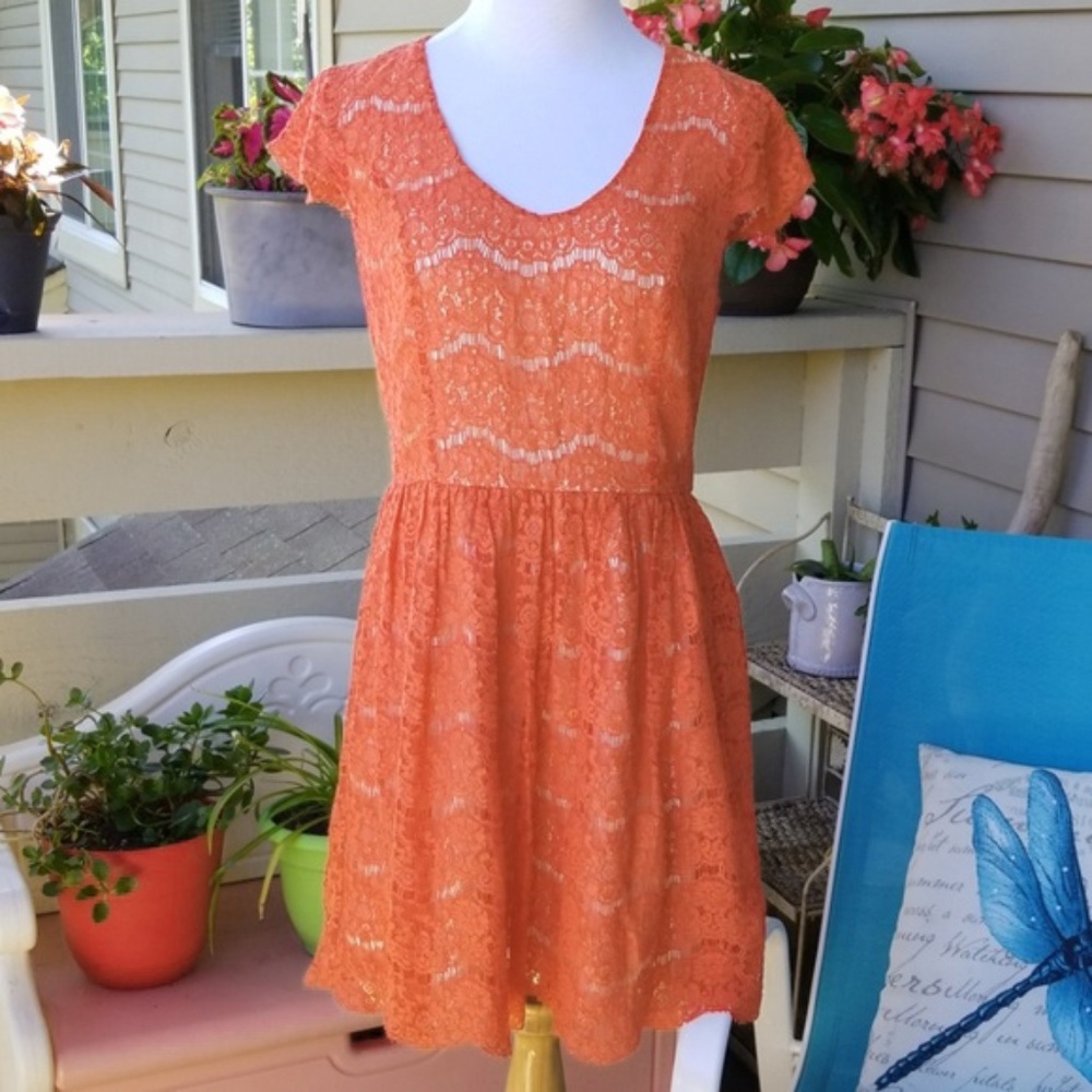 Coral Lace Dress Lined w Satin Flutter Sleeves